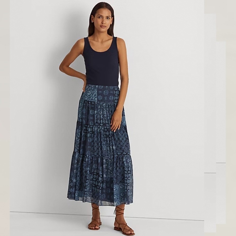 Lauren Ralph Lauren Blue Geo Print Crinkle Georgette Skirt Tiered Maxi 16 Boho